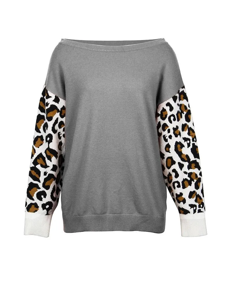 Long SleeveLeopard Print Color Block Loose Pullover Sweater