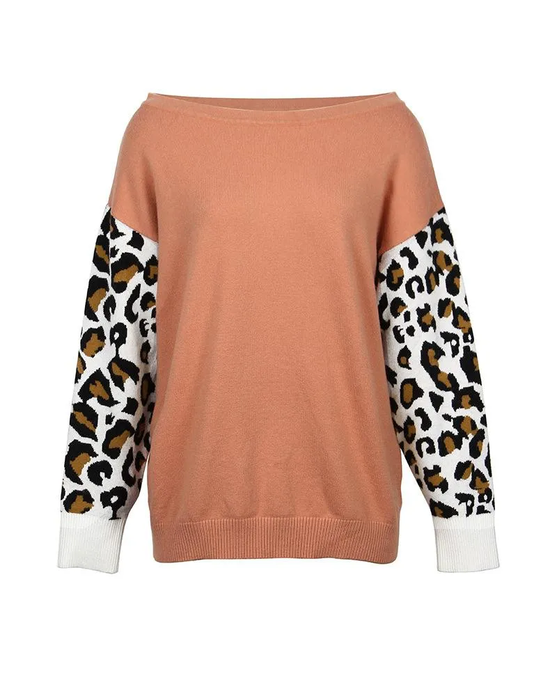 Long SleeveLeopard Print Color Block Loose Pullover Sweater