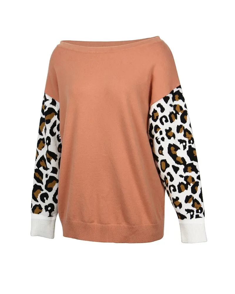 Long SleeveLeopard Print Color Block Loose Pullover Sweater