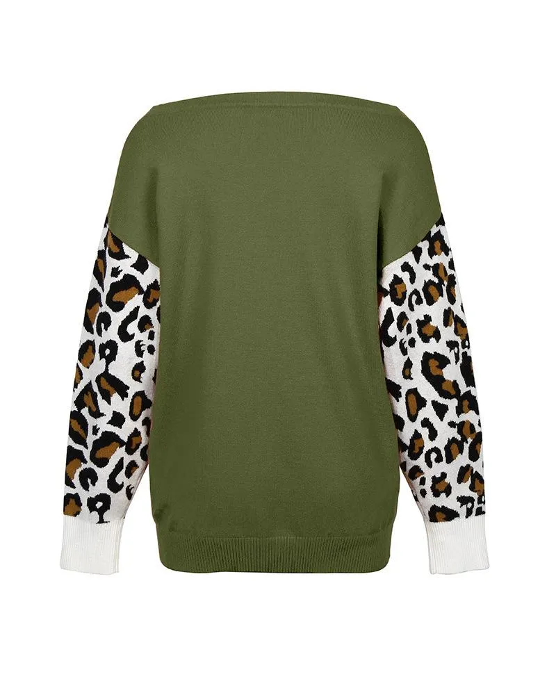 Long SleeveLeopard Print Color Block Loose Pullover Sweater