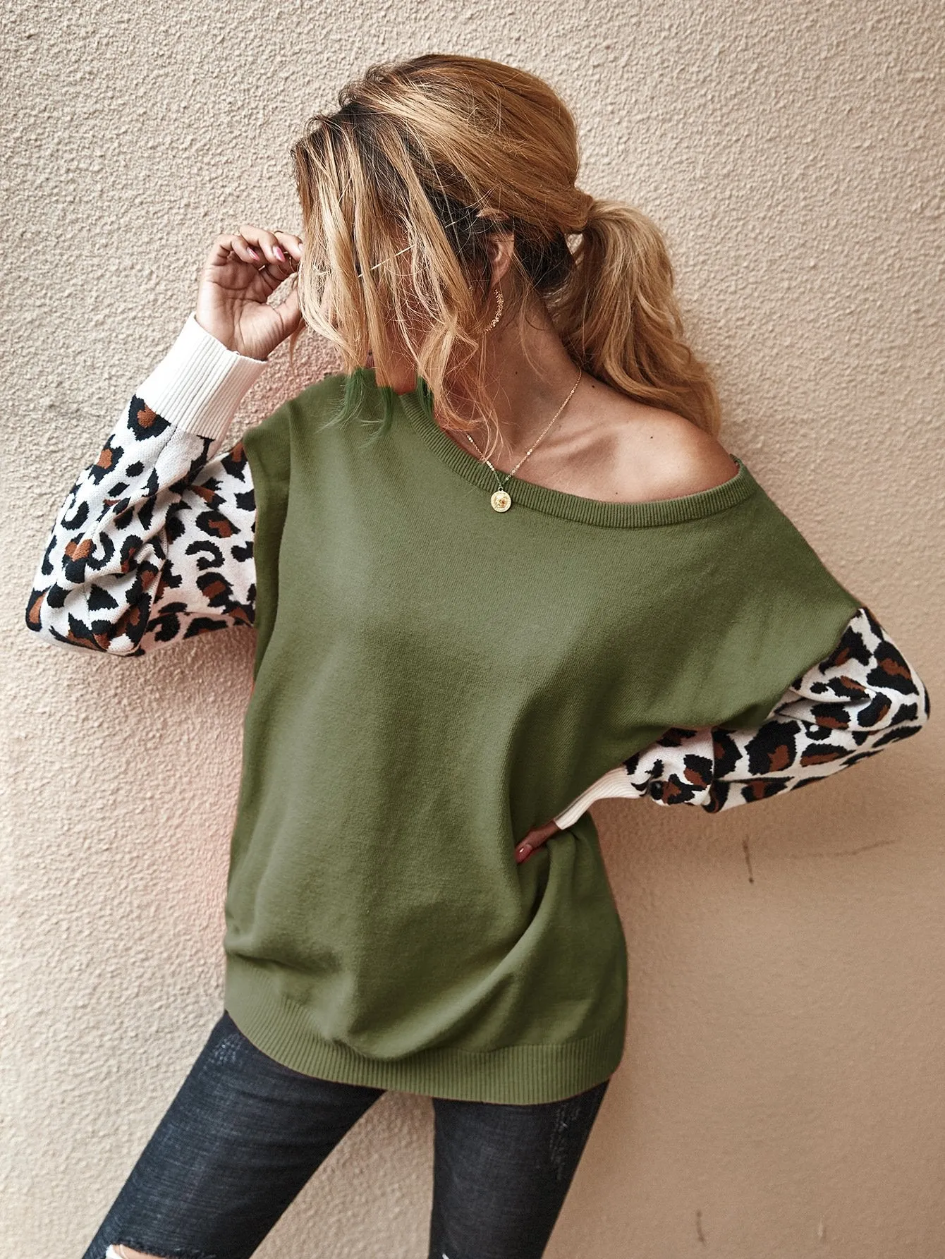 Long SleeveLeopard Print Color Block Loose Pullover Sweater