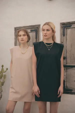 LUCIEN Padded Sleeve Tshirt Dress with Pockets (Black Linen)