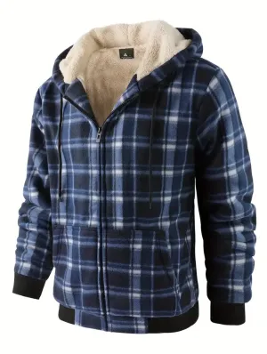 Men's checked fleece-lined warm hooded jacket - ralf