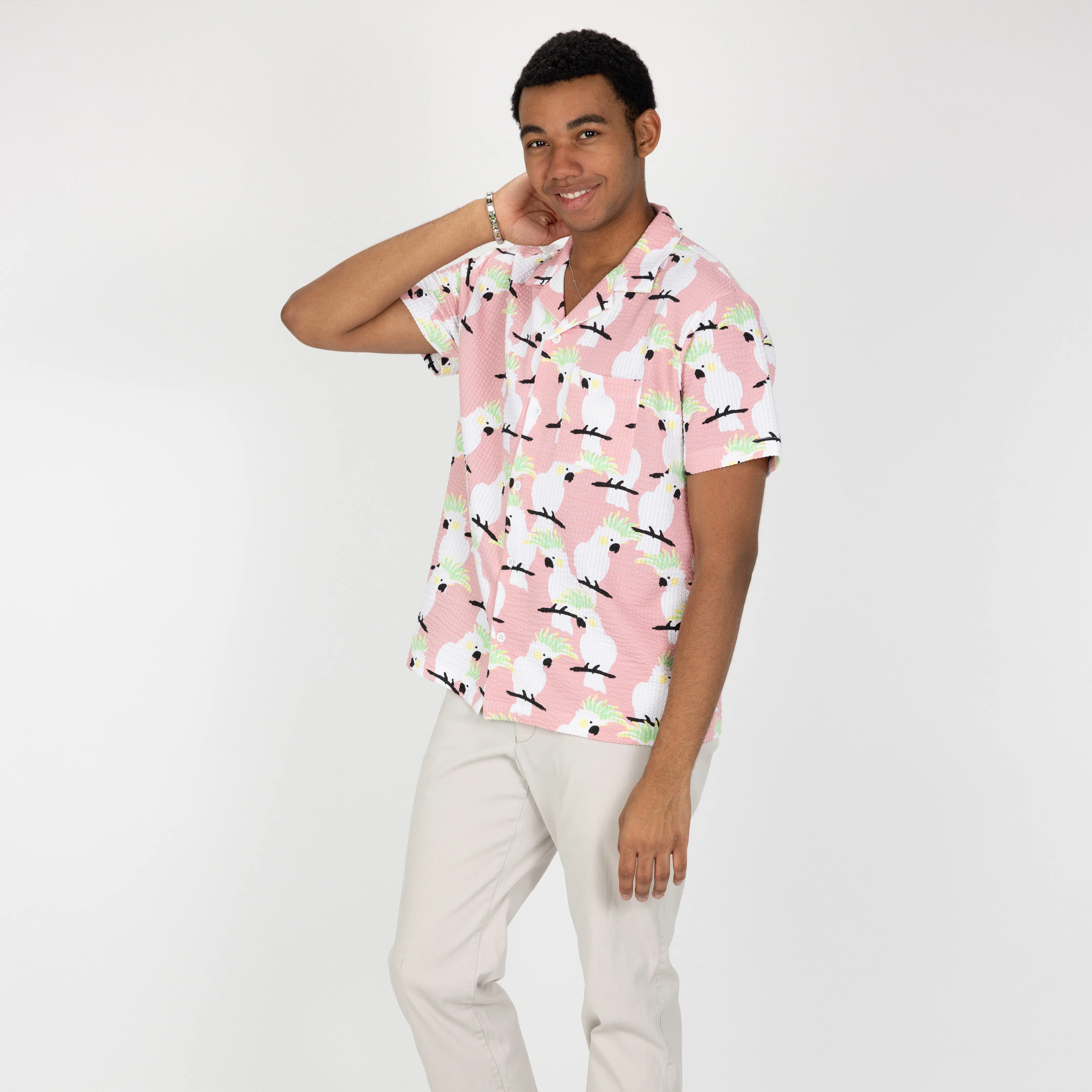 Mens Cool Knit Seersucker Camp Shirt - Quartz Pink / Cockatoo