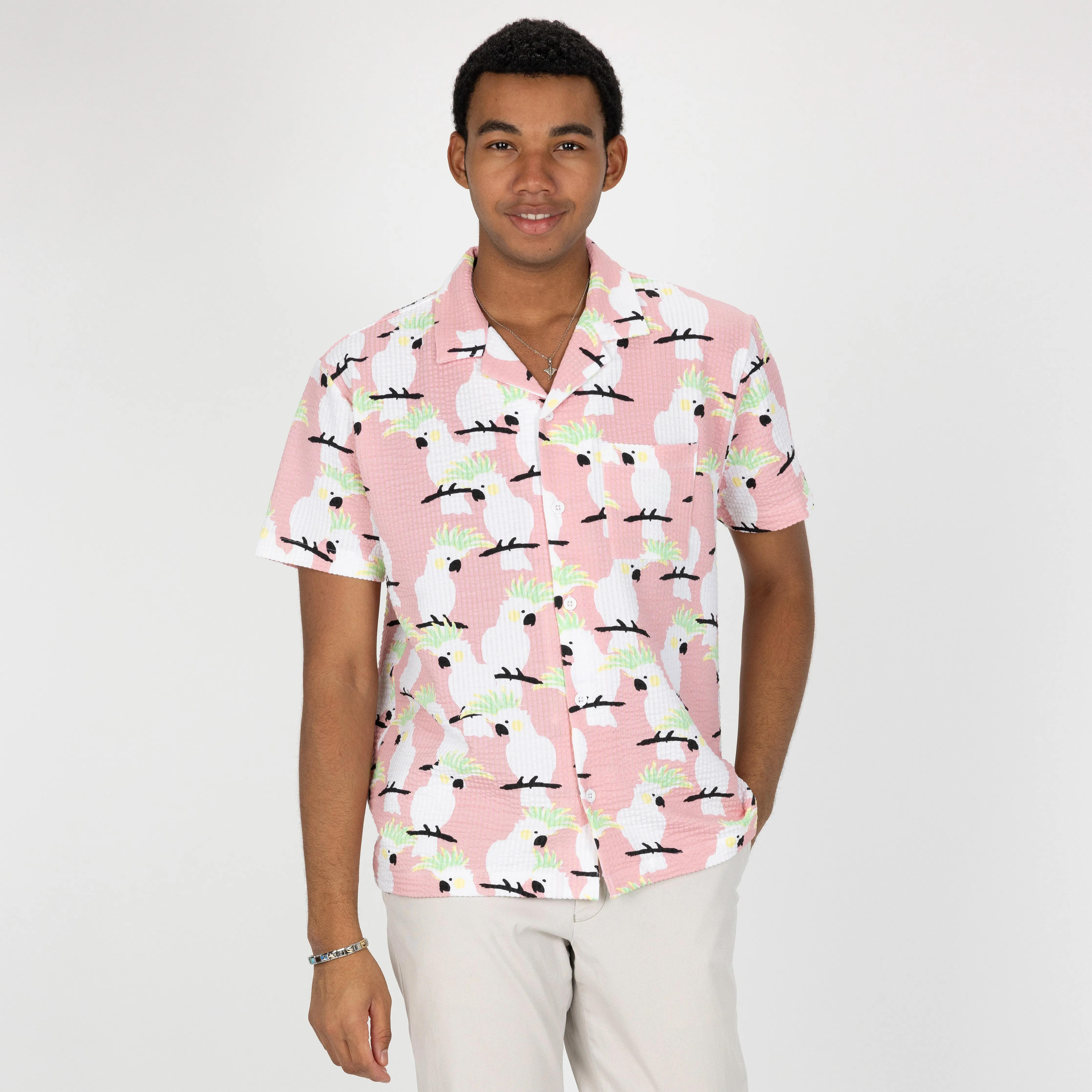 Mens Cool Knit Seersucker Camp Shirt - Quartz Pink / Cockatoo