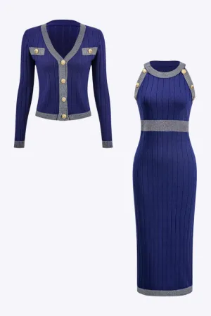 Miriam- Chic Knit Button Ensemble Woman's Sweater Cardigan & Dress Set