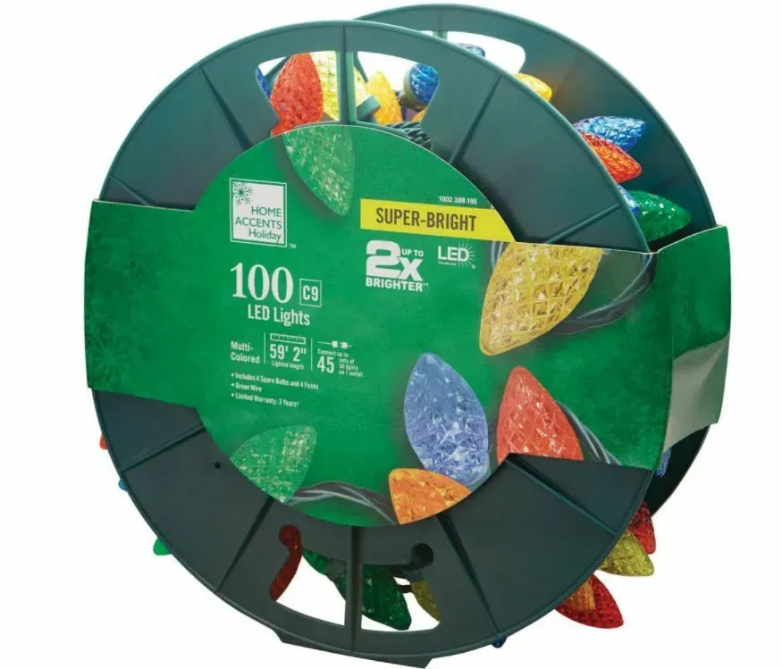 New Home Accents Holiday 100L Multi Faceted Christmas C9 LED String Lights, lights come on a large round reel! These are quite costly to buy retail!