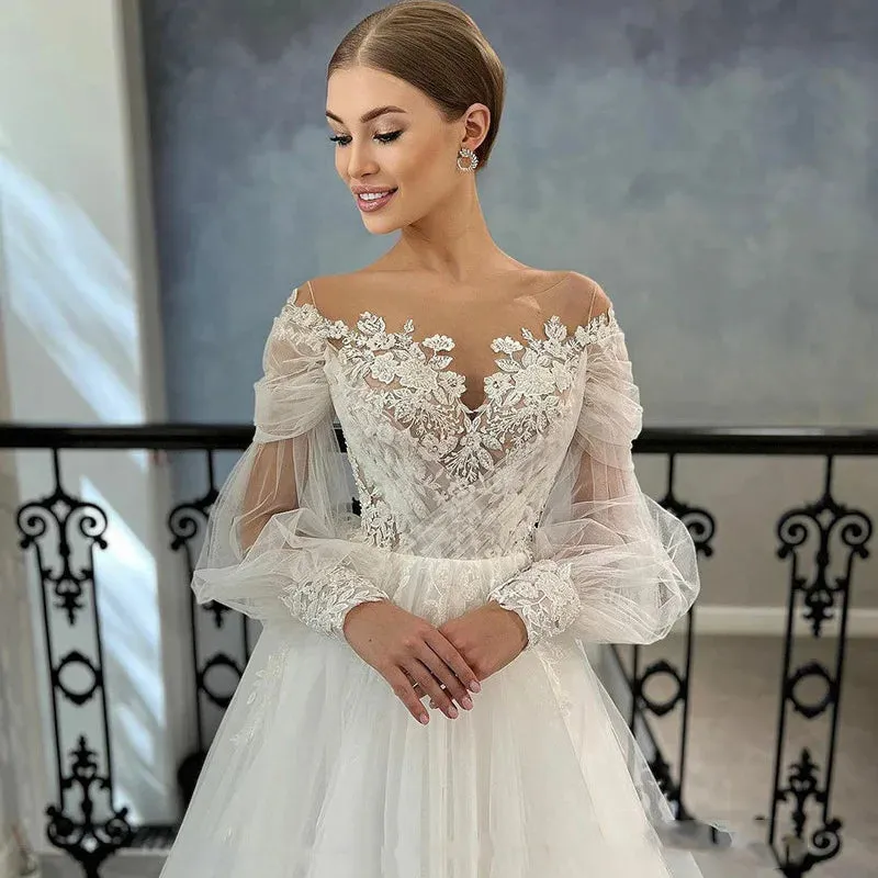 New O-Neck Full Sleeve Lace Simple Wedding Dress Customized