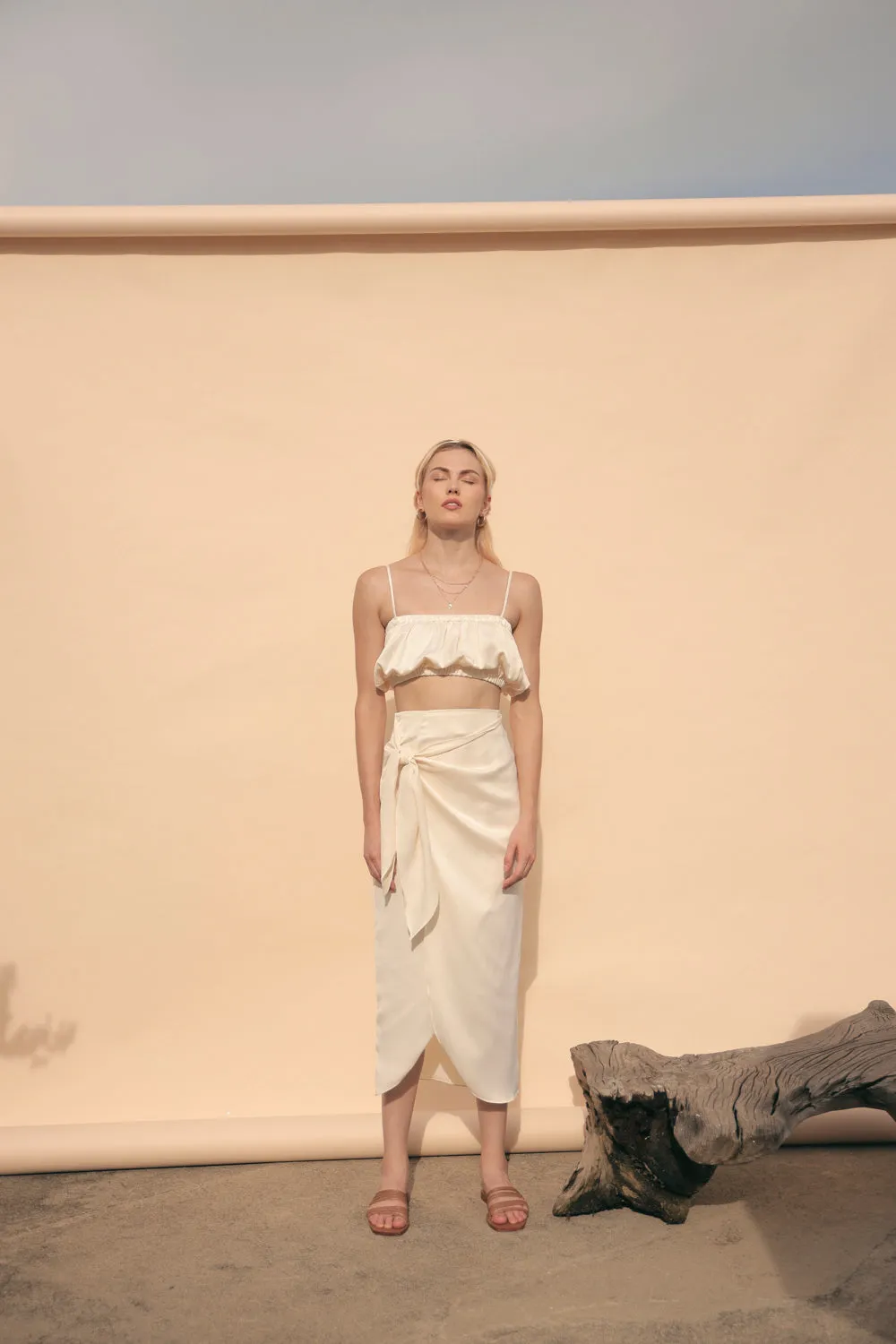 NICE Two Piece Gartered Crop Top and Wrap Around Skirt (Cream Silk)