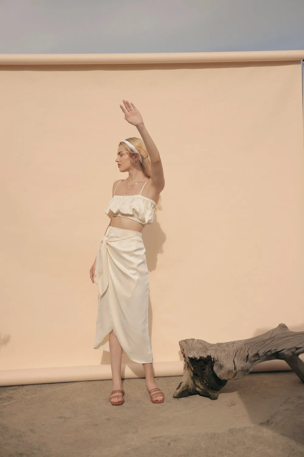 NICE Two Piece Gartered Crop Top and Wrap Around Skirt (Cream Silk)