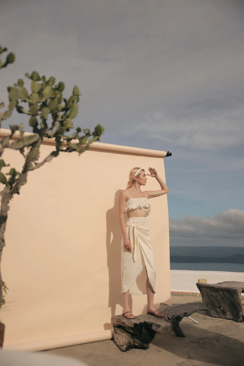 NICE Two Piece Gartered Crop Top and Wrap Around Skirt (Cream Silk)