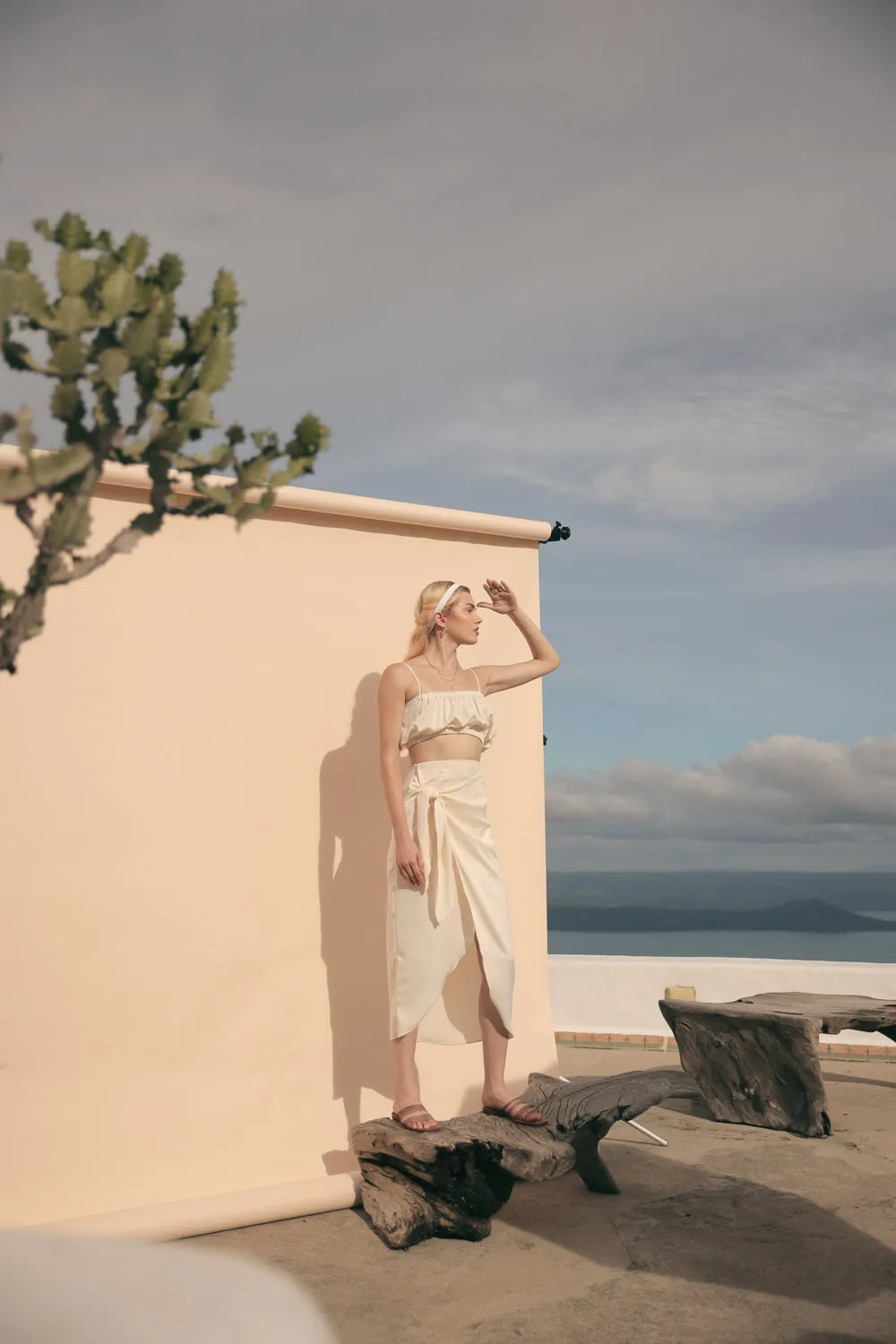 NICE Two Piece Gartered Crop Top and Wrap Around Skirt (Cream Silk)