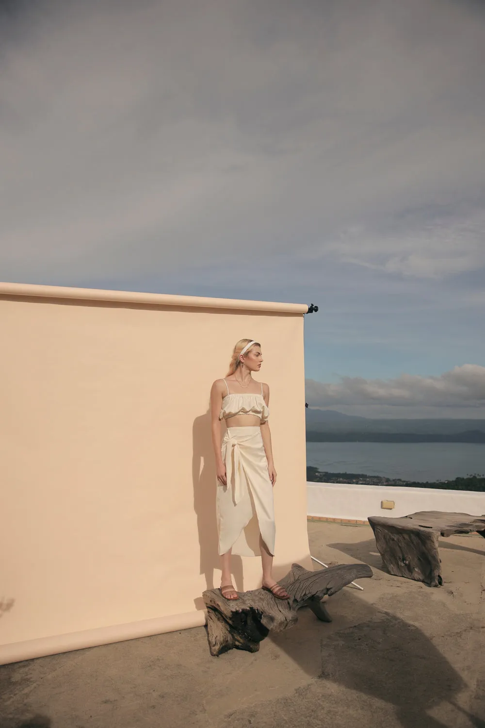 NICE Two Piece Gartered Crop Top and Wrap Around Skirt (Cream Silk)