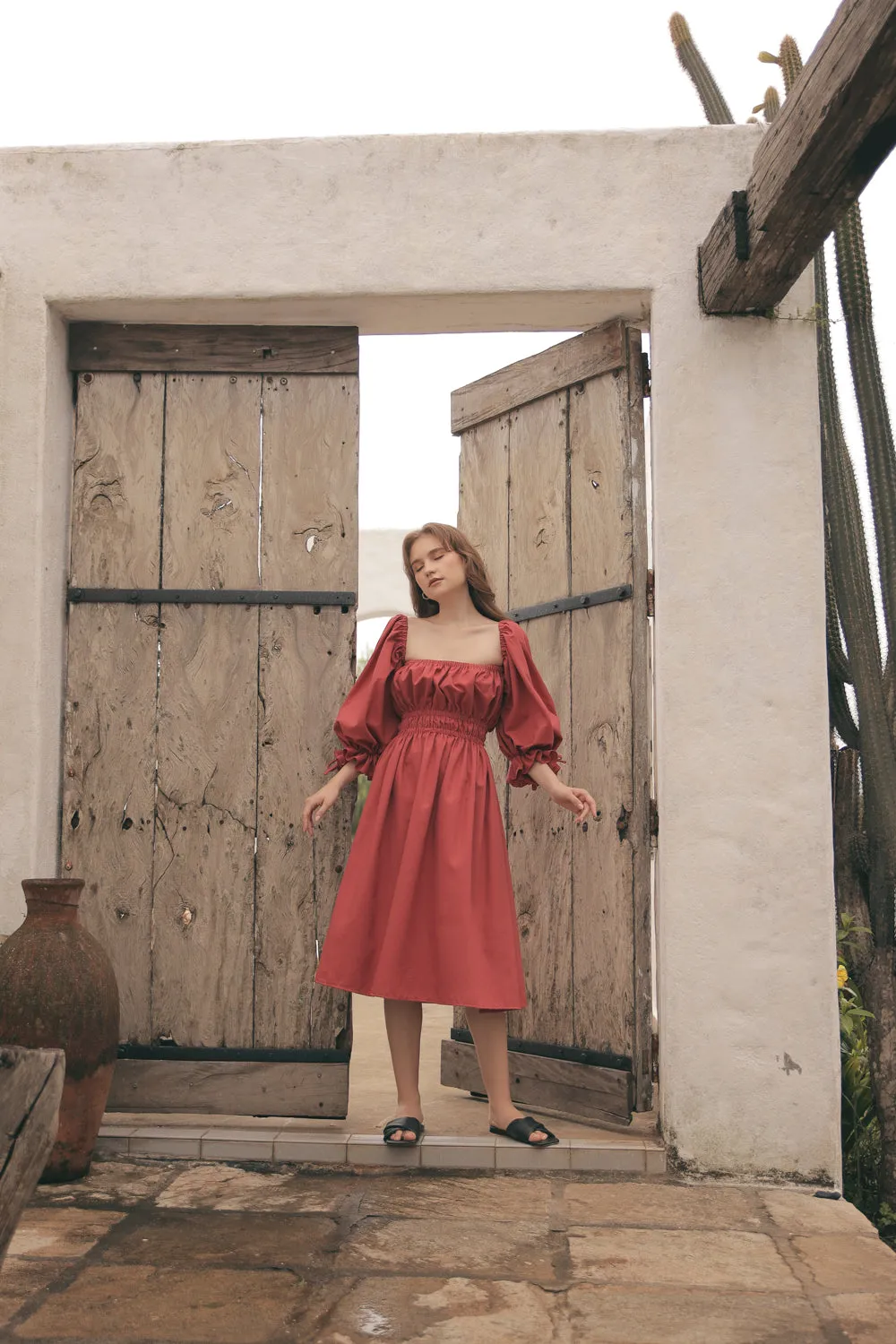OIA Two Way Puff Sleeve Midi Dress with Gathered Detail and Square Neckline (Rust Linen)