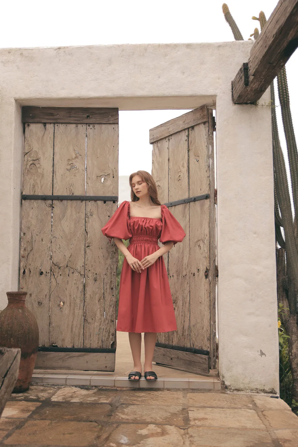 OIA Two Way Puff Sleeve Midi Dress with Gathered Detail and Square Neckline (Rust Linen)