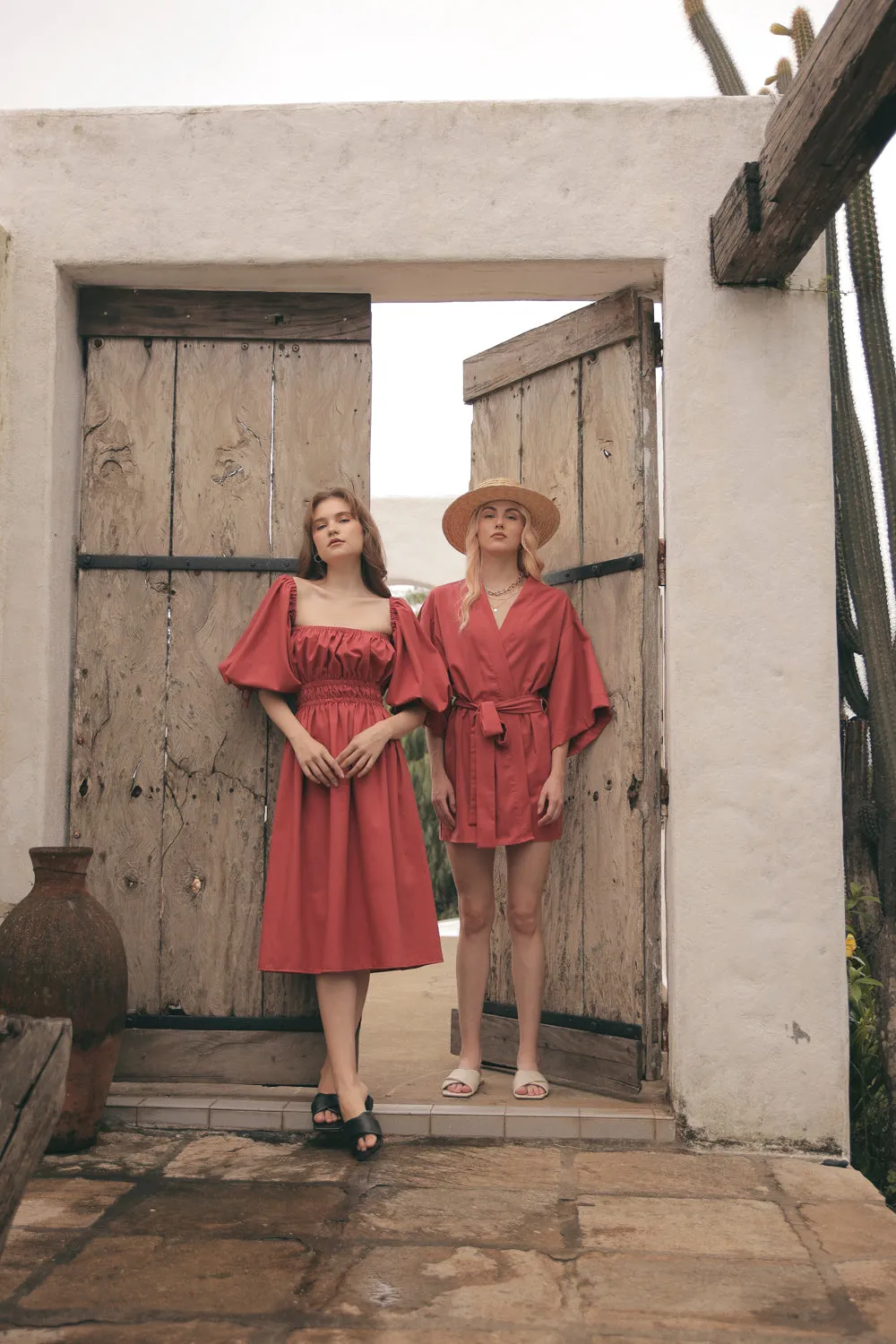 OIA Two Way Puff Sleeve Midi Dress with Gathered Detail and Square Neckline (Rust Linen)