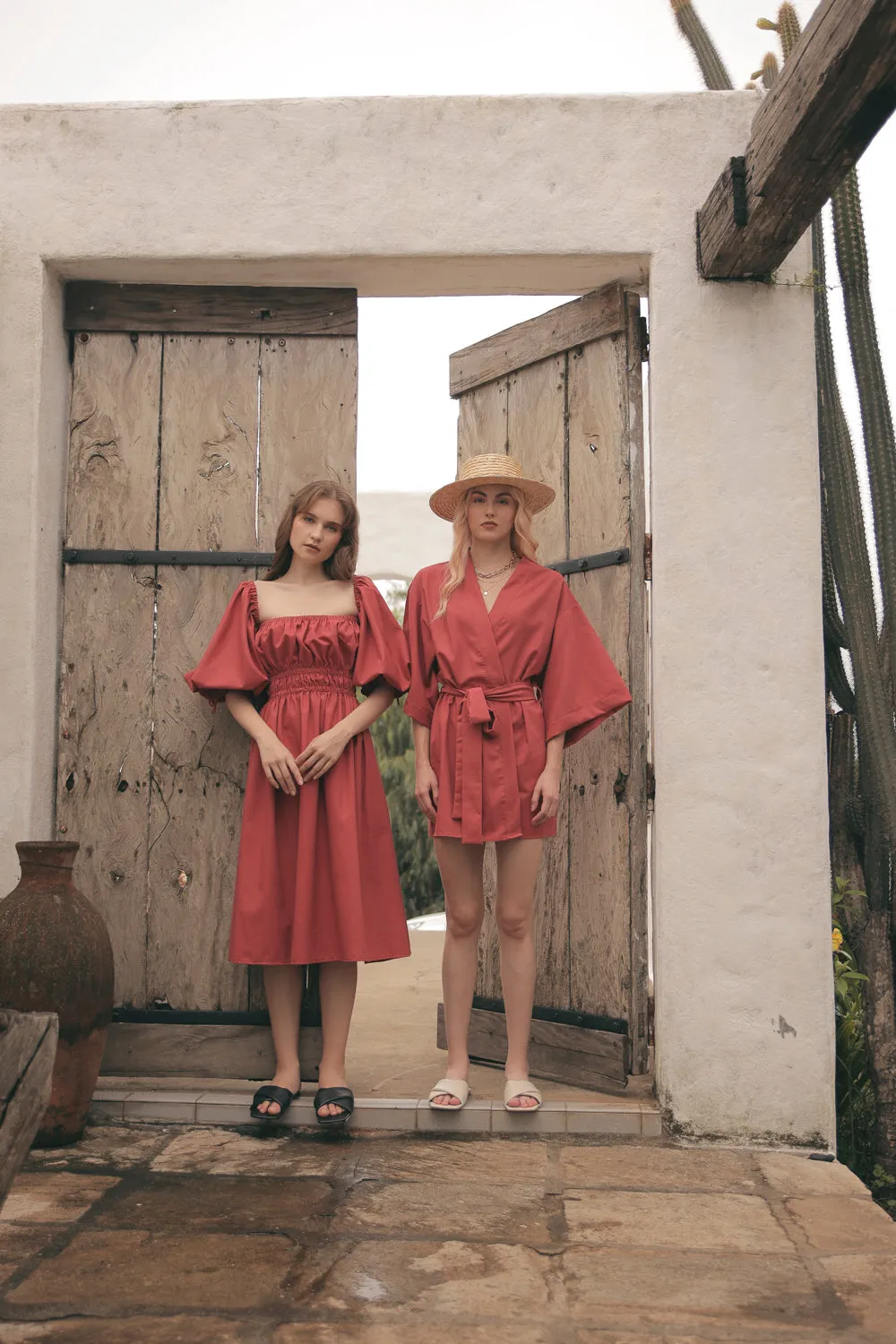 OIA Two Way Puff Sleeve Midi Dress with Gathered Detail and Square Neckline (Rust Linen)