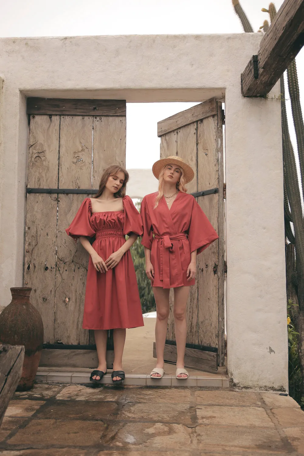 OIA Two Way Puff Sleeve Midi Dress with Gathered Detail and Square Neckline (Rust Linen)