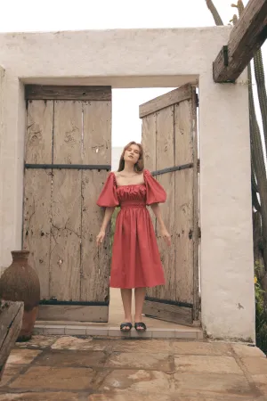 OIA Two Way Puff Sleeve Midi Dress with Gathered Detail and Square Neckline (Rust Linen)