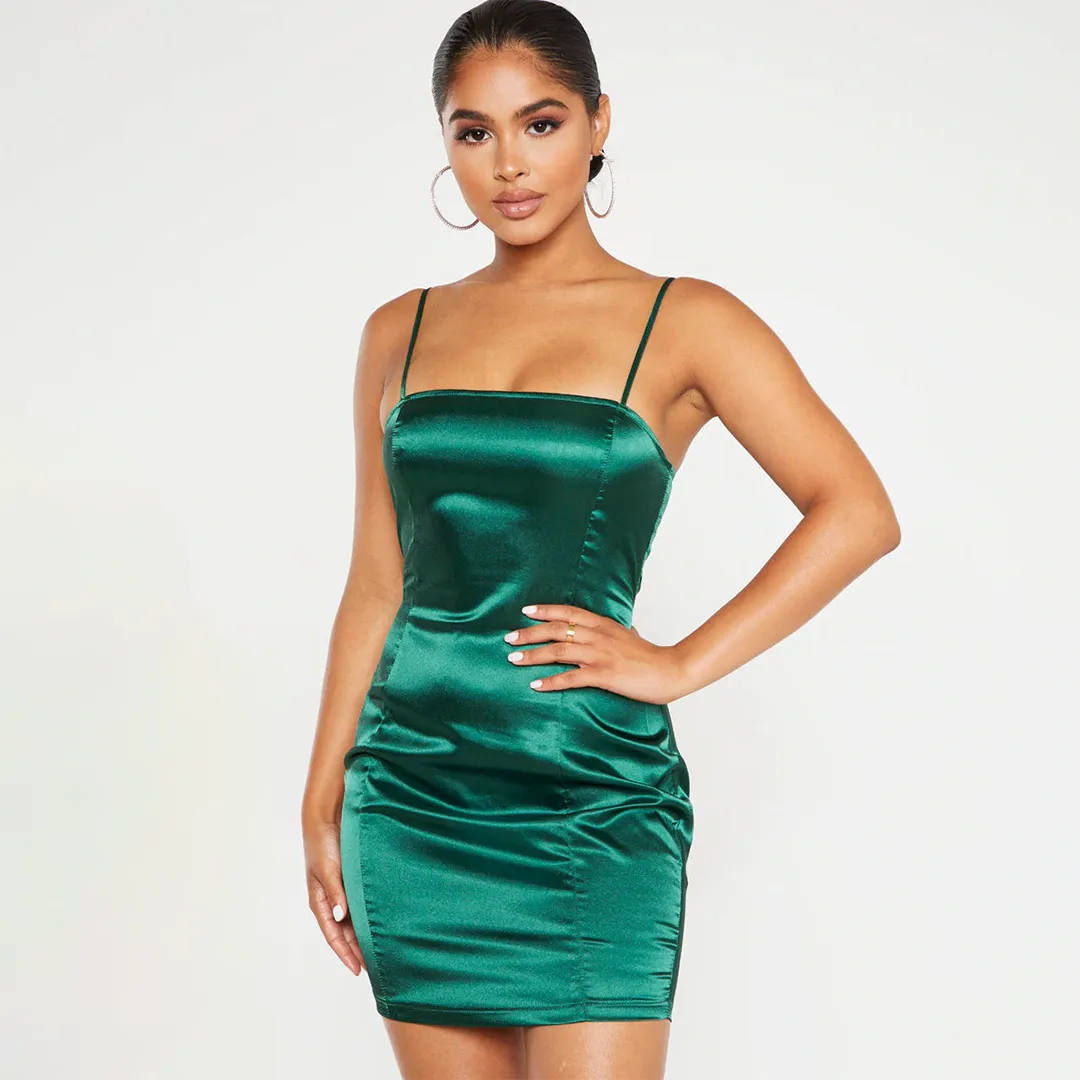 Petite Emerald Green Satin Strappy Straight Neck Bodycon Dress