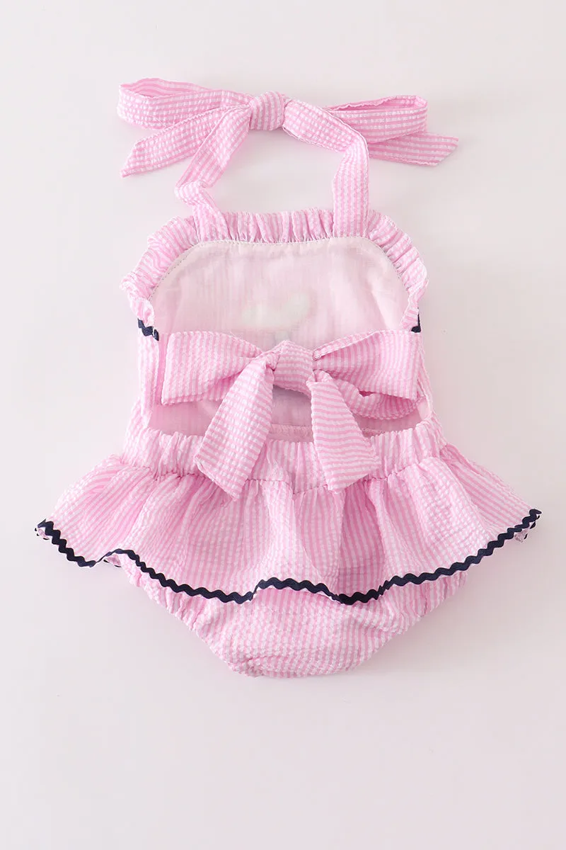 Pink seersucker mermaid embroidery girl swimsuit