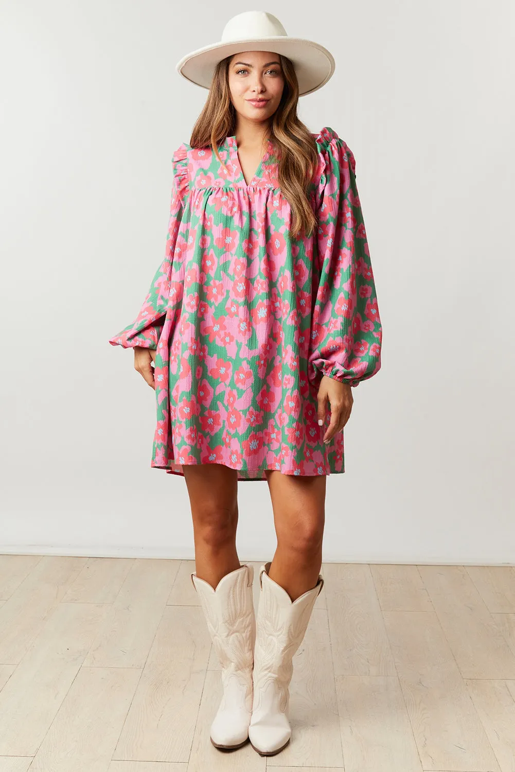 Pink Split V Neck Bubble Sleeve Loose Floral Dress