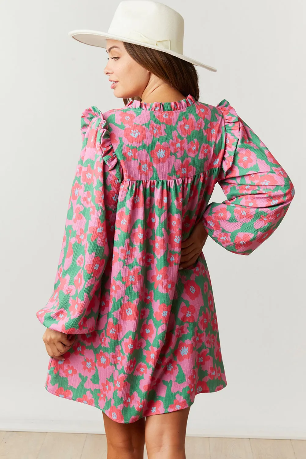 Pink Split V Neck Bubble Sleeve Loose Floral Dress