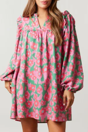 Pink Split V Neck Bubble Sleeve Loose Floral Dress