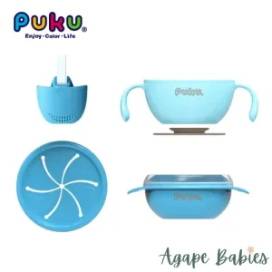 Puku 4pcs Set Suction Bowl (Blue)   Spoon and Fork Set - Blue/Green (Bundle Pack)