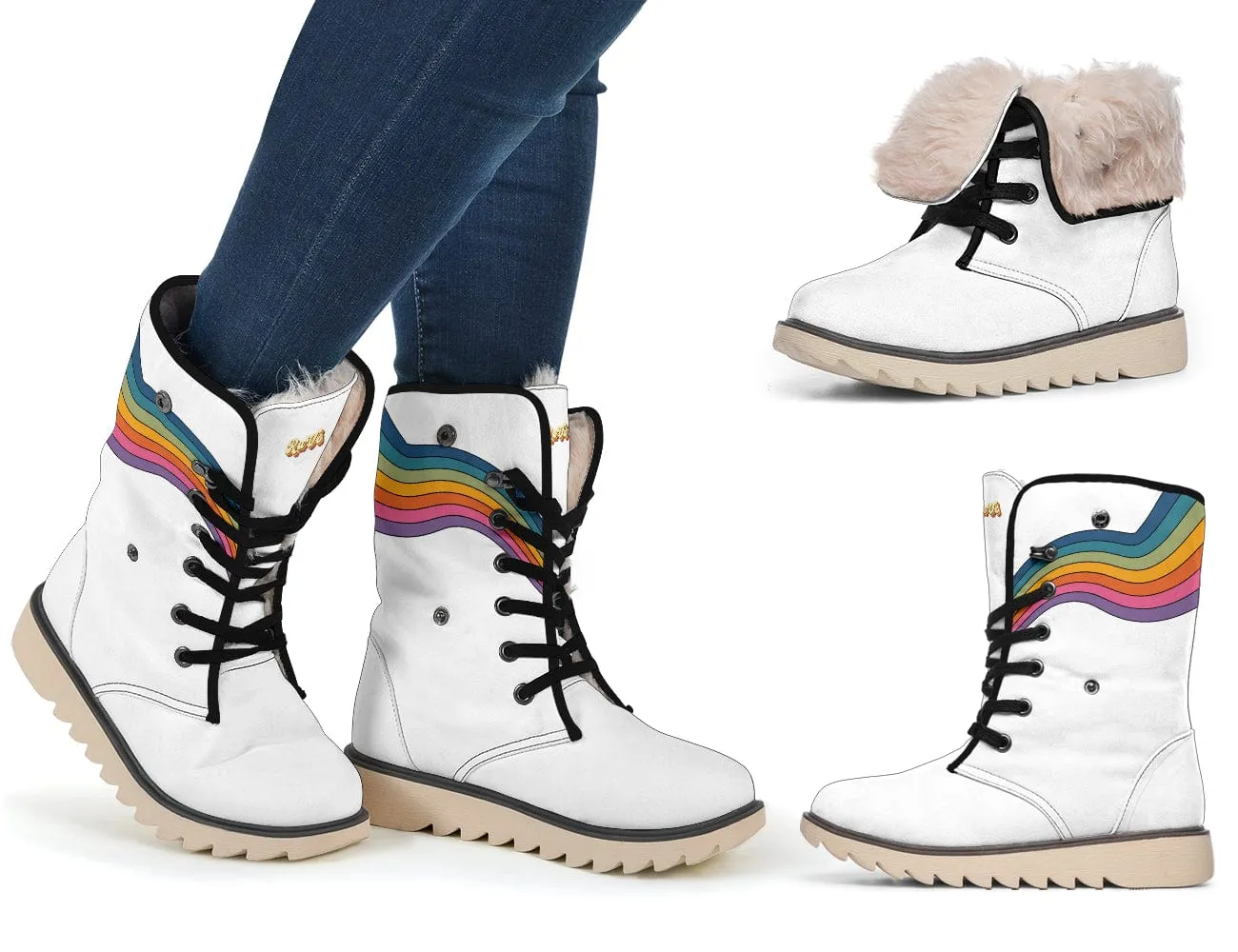 Rainbow On White Suede Snow Boots
