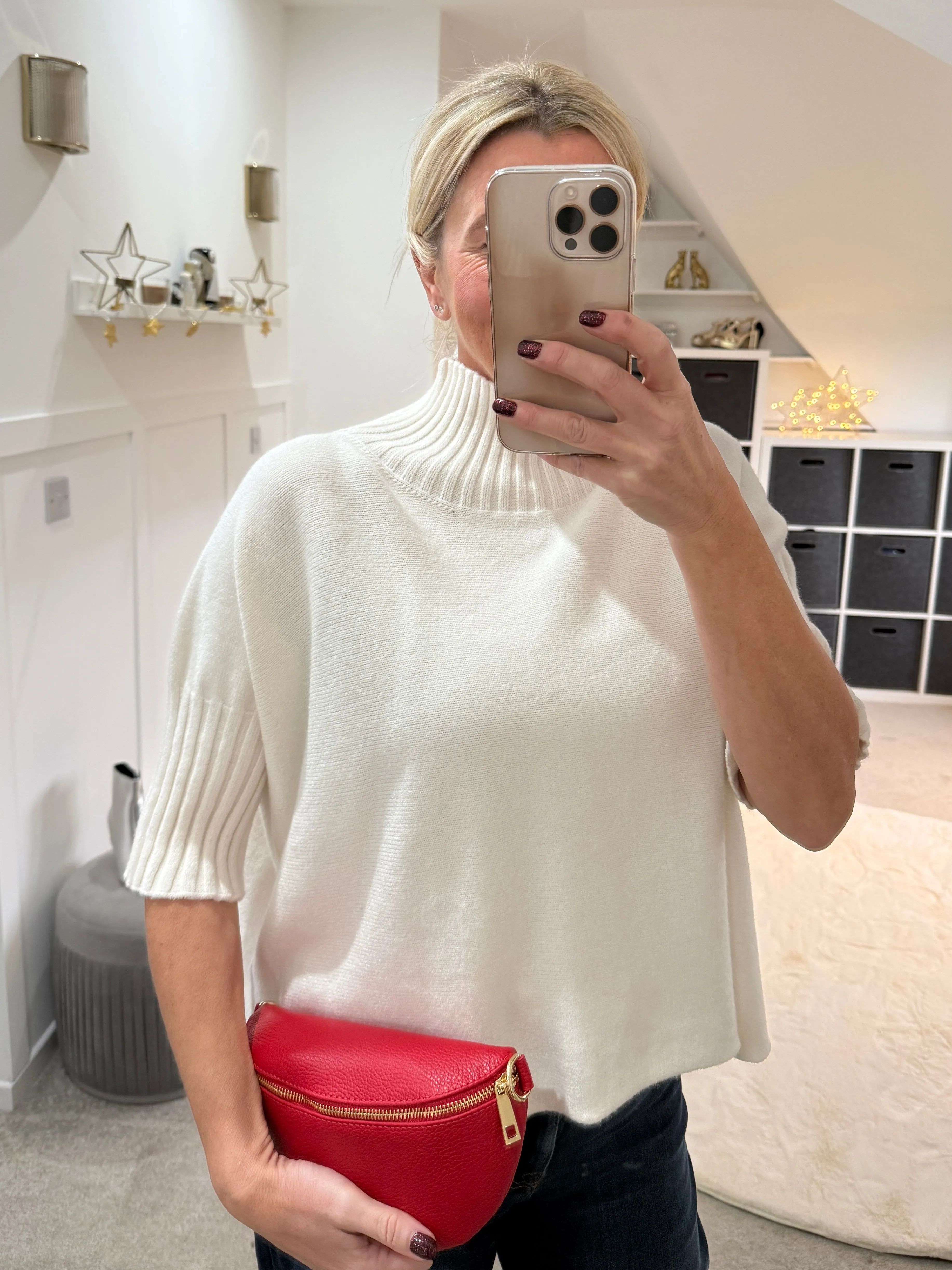 Red Half Sleeve High Neck Jumper
