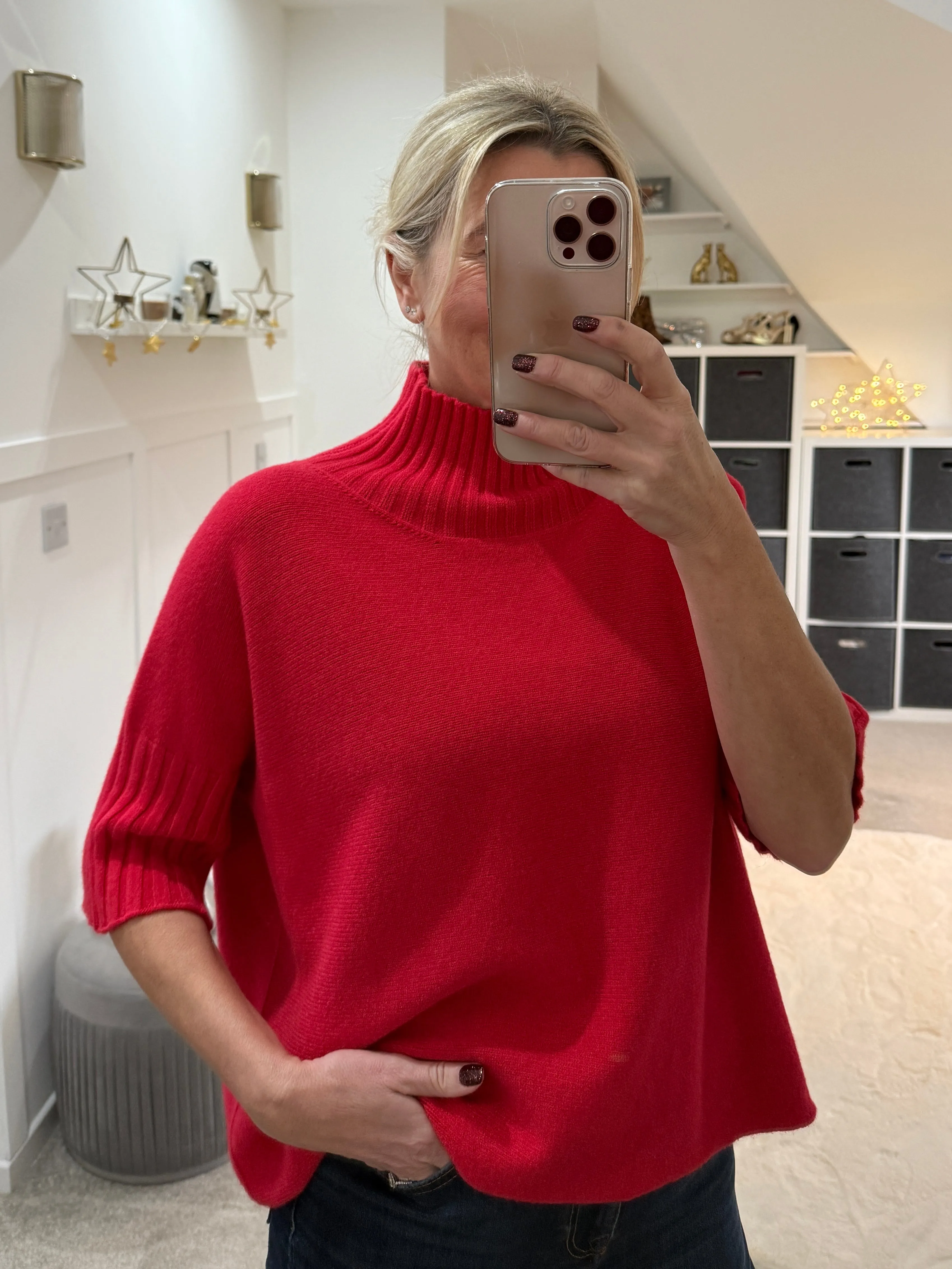 Red Half Sleeve High Neck Jumper