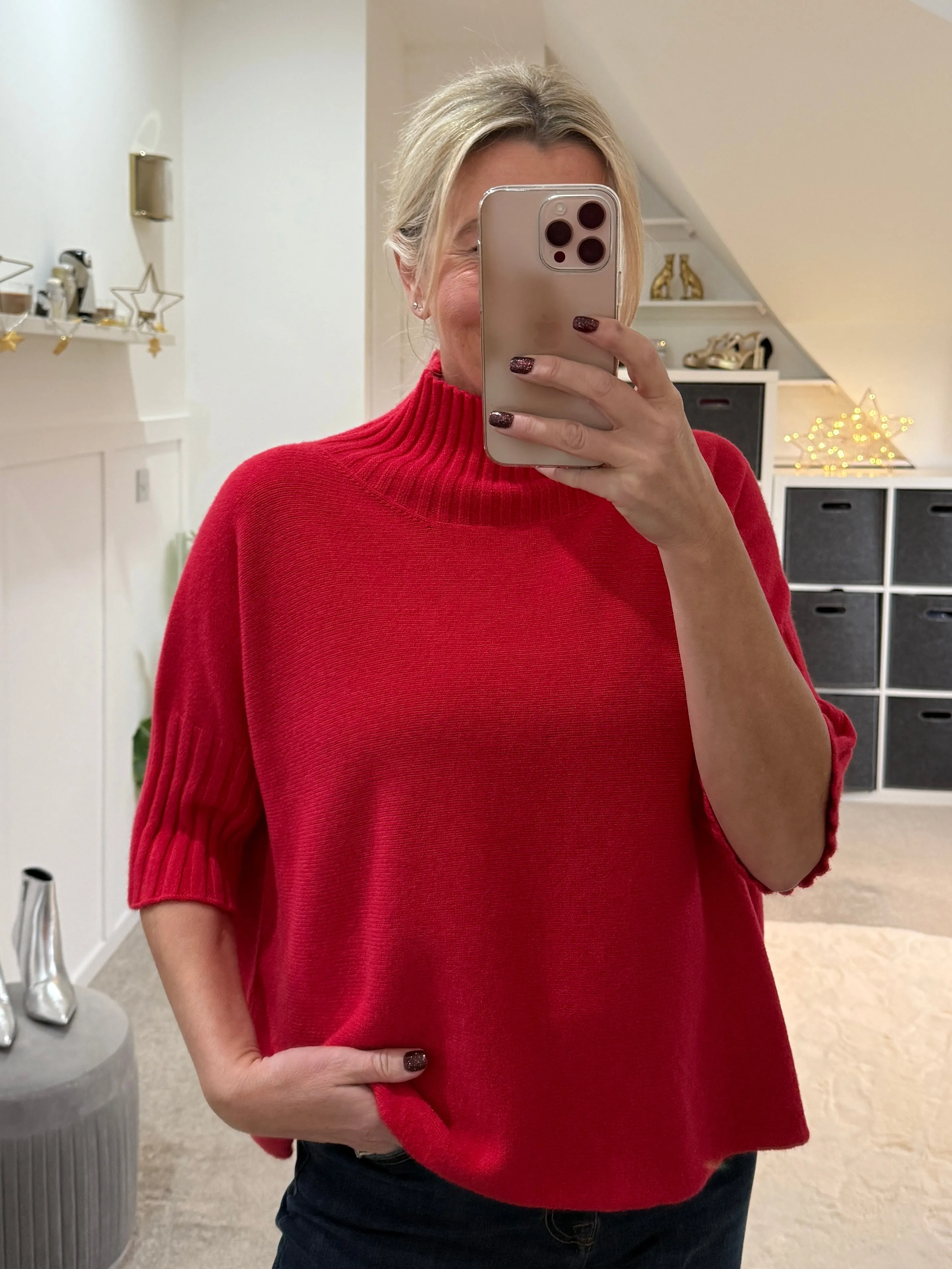 Red Half Sleeve High Neck Jumper