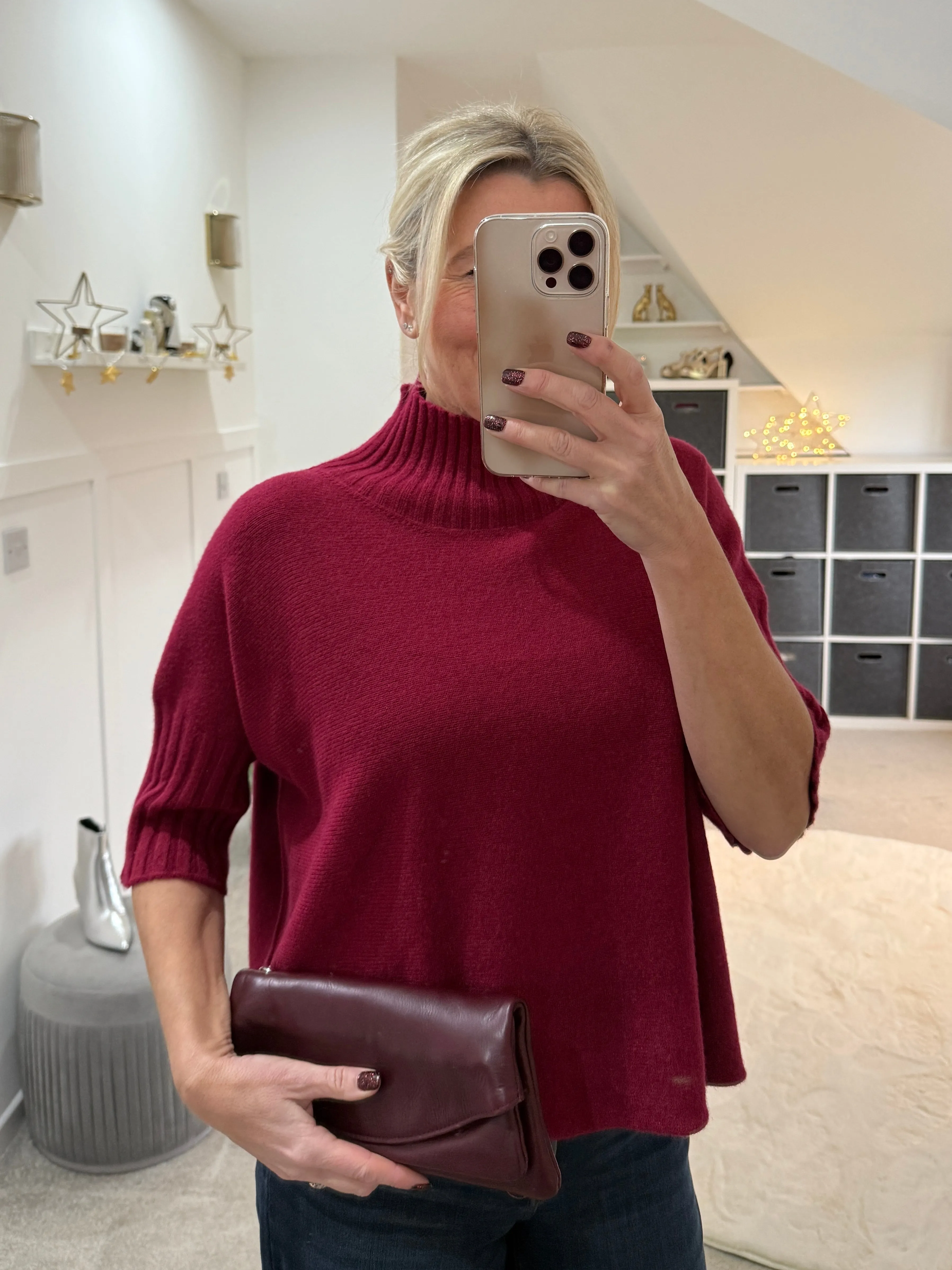 Red Half Sleeve High Neck Jumper