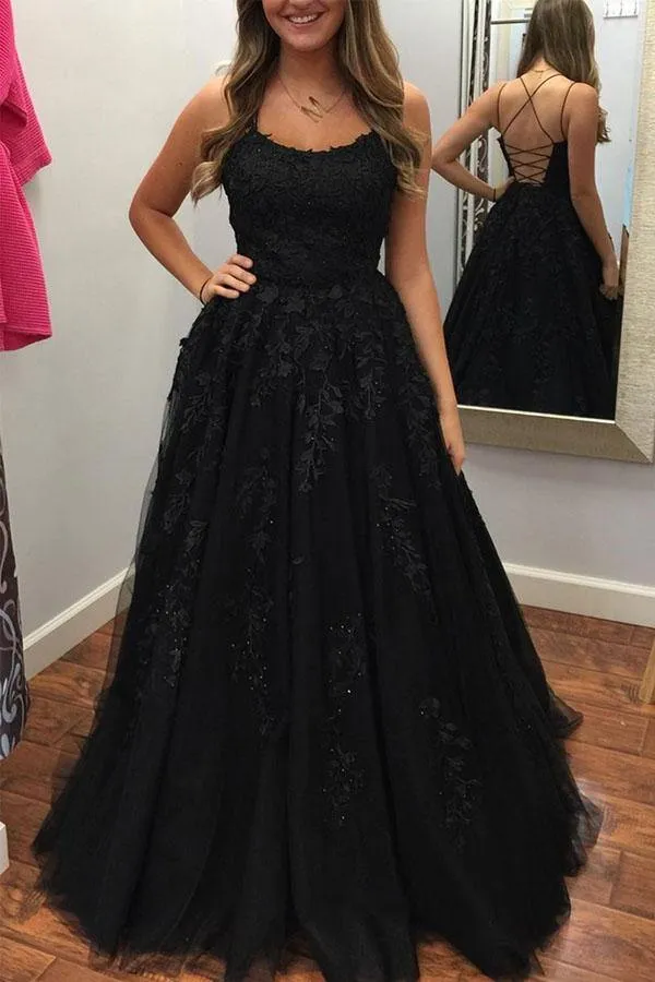 Red Tulle A-line Spaghetti Straps Lace Appliques Prom Dress, Evening Gown, SP764