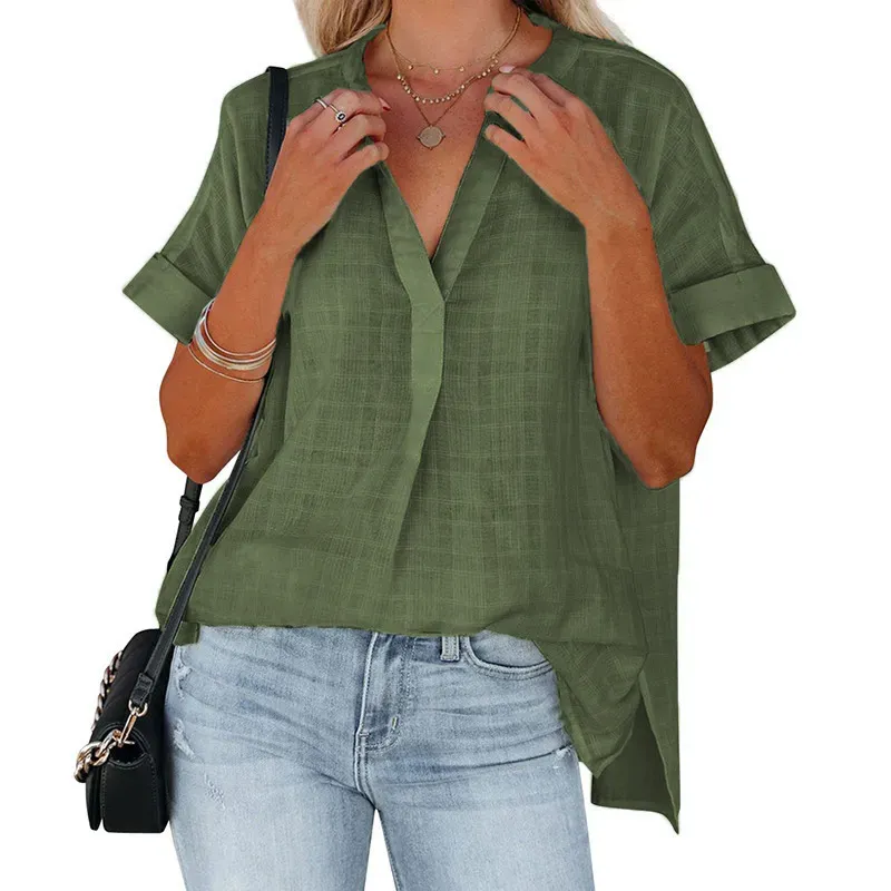 Reign Short Sleeve Textured Split V-Neck Blouse