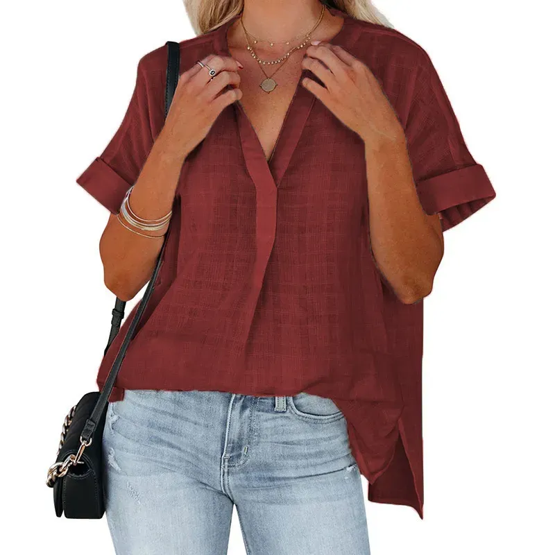 Reign Short Sleeve Textured Split V-Neck Blouse
