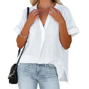 Reign Short Sleeve Textured Split V-Neck Blouse