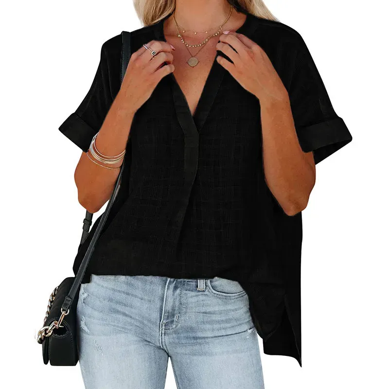 Reign Short Sleeve Textured Split V-Neck Blouse