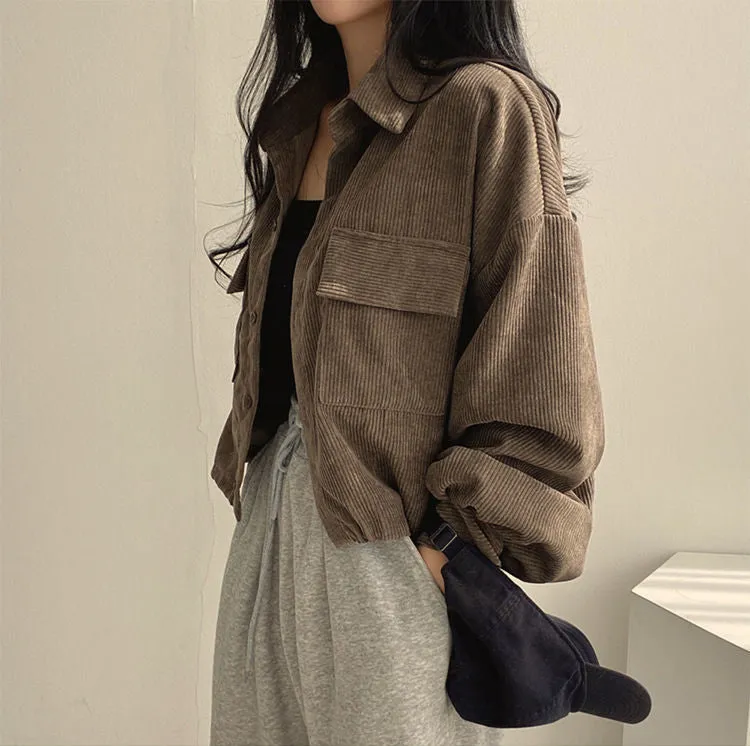 Retro Solid Cropped Corduroy Jackets