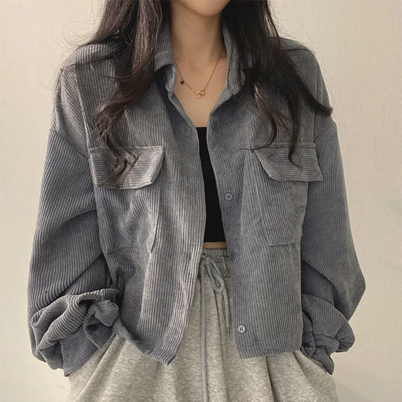 Retro Solid Cropped Corduroy Jackets
