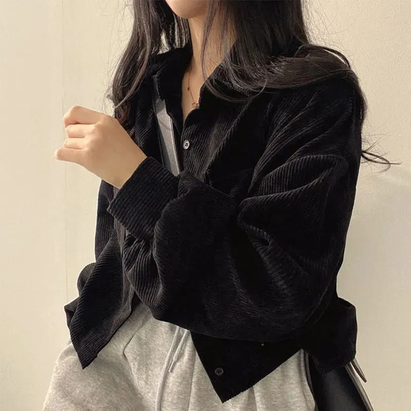 Retro Solid Cropped Corduroy Jackets