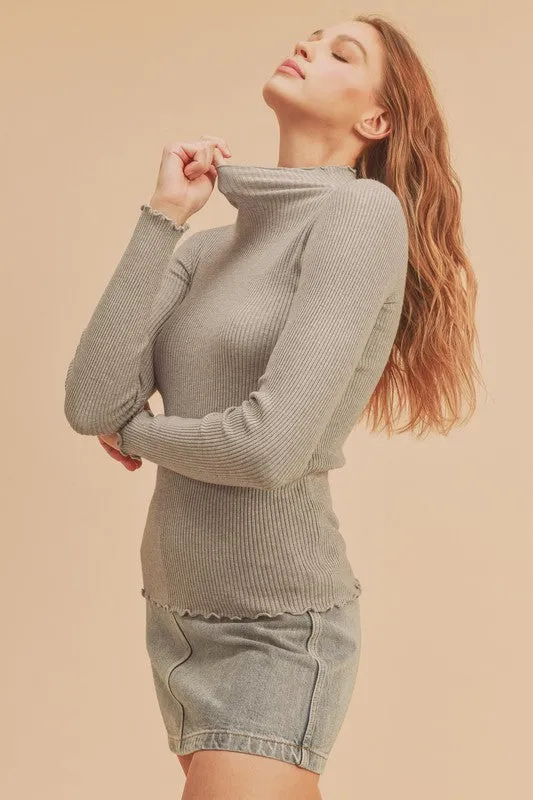 Ruffle Trim Ribbed Long Sleeve