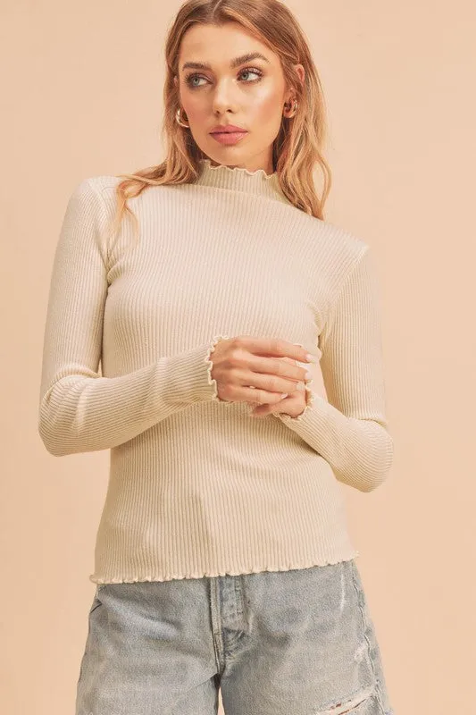 Ruffle Trim Ribbed Long Sleeve