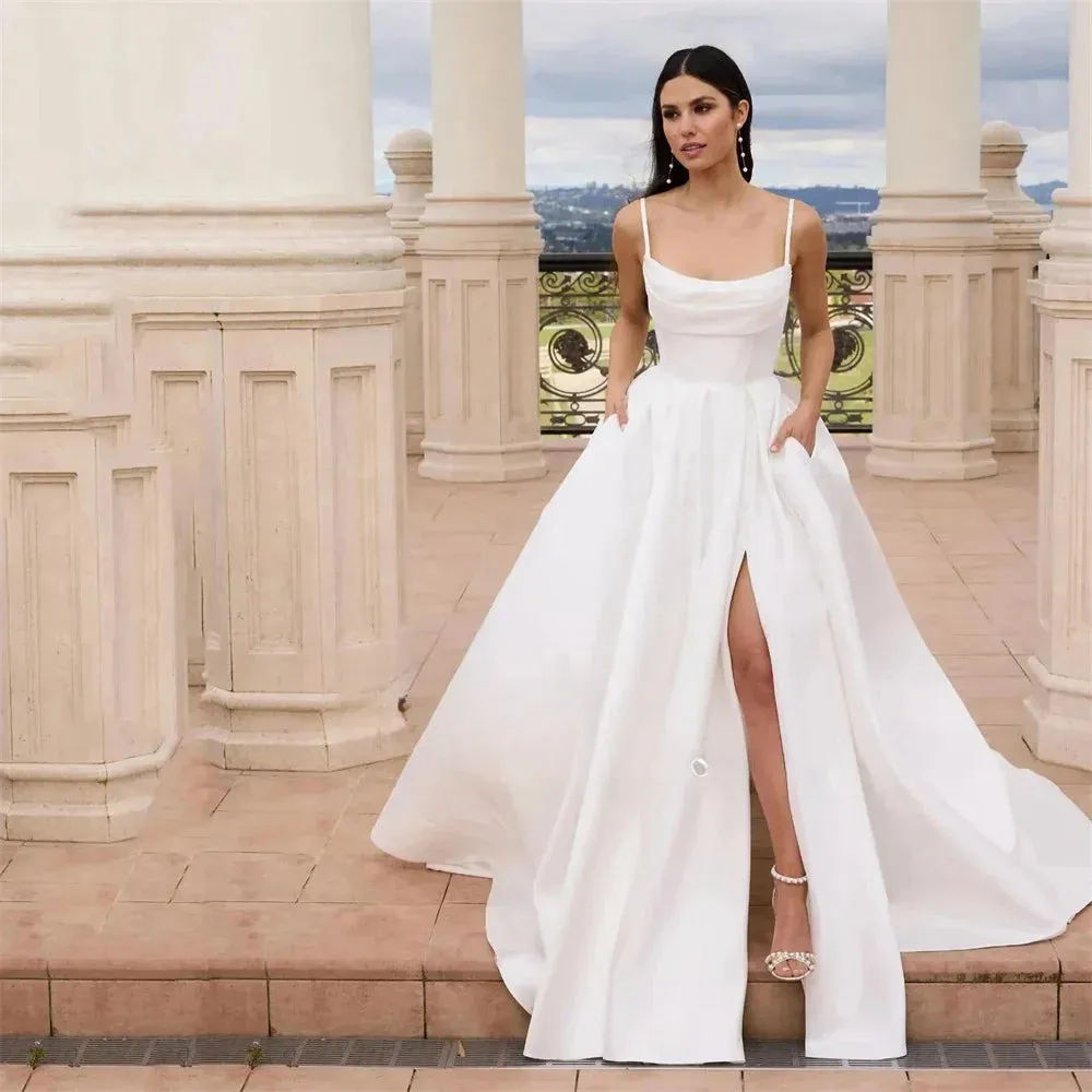 Satin High Side Silt Wedding Dresses Scoop A-Line Spaghetti Straps Sleeveless Floor Lengh Bridal Gowns Custom vestidos de novia