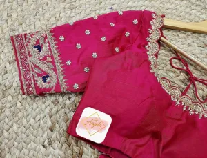 Scalloped neckline minimal embroidered blouse- Rani Pink