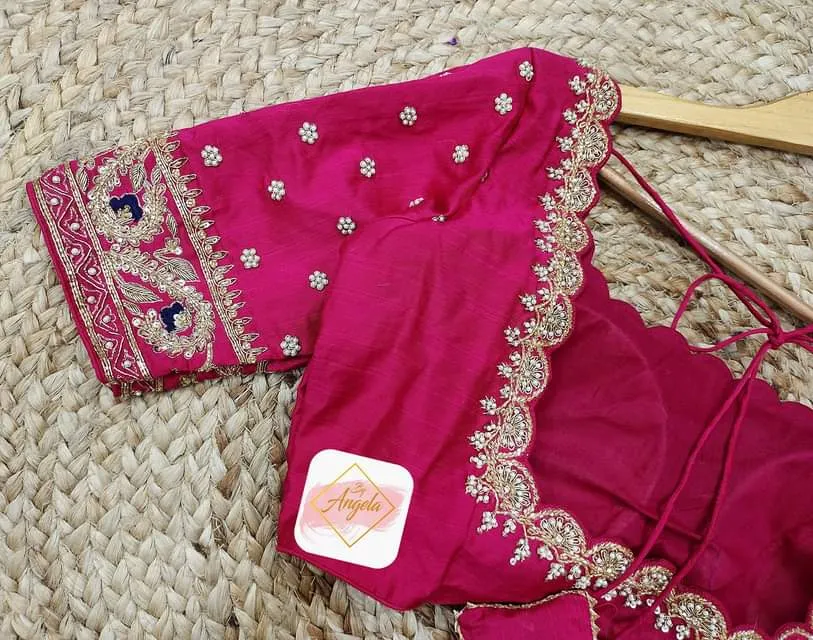 Scalloped neckline minimal embroidered blouse- Rani Pink