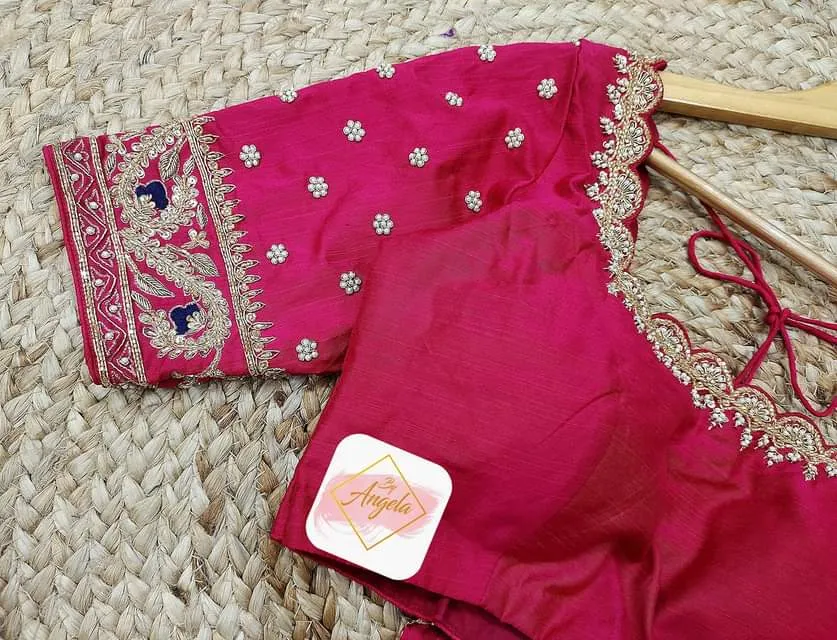 Scalloped neckline minimal embroidered blouse- Rani Pink