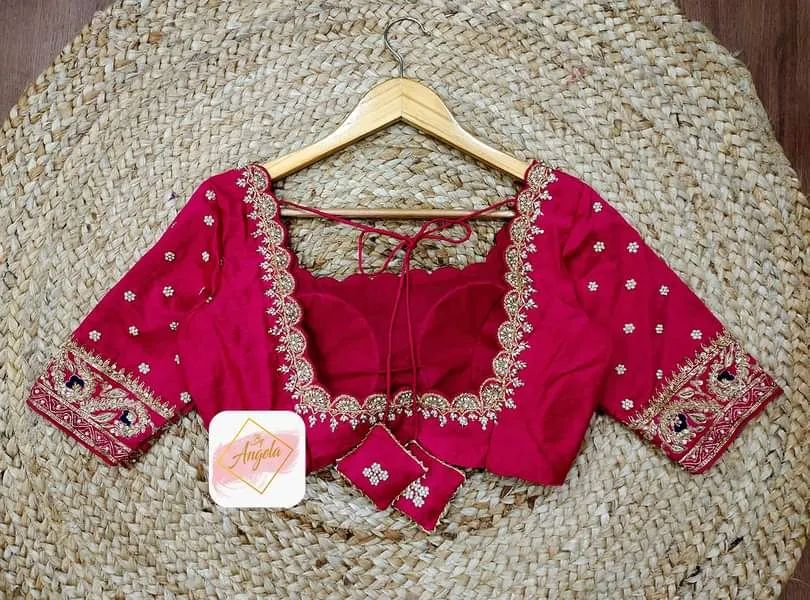 Scalloped neckline minimal embroidered blouse- Rani Pink