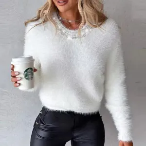 Short Knitted Women's Sweater with Beaded Faux Fur Collar